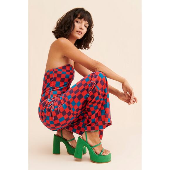 Hutch Velvet Check Bright Colored Wide Leg Strapless Jumpsuit Size 16W - Picture 15 of 16